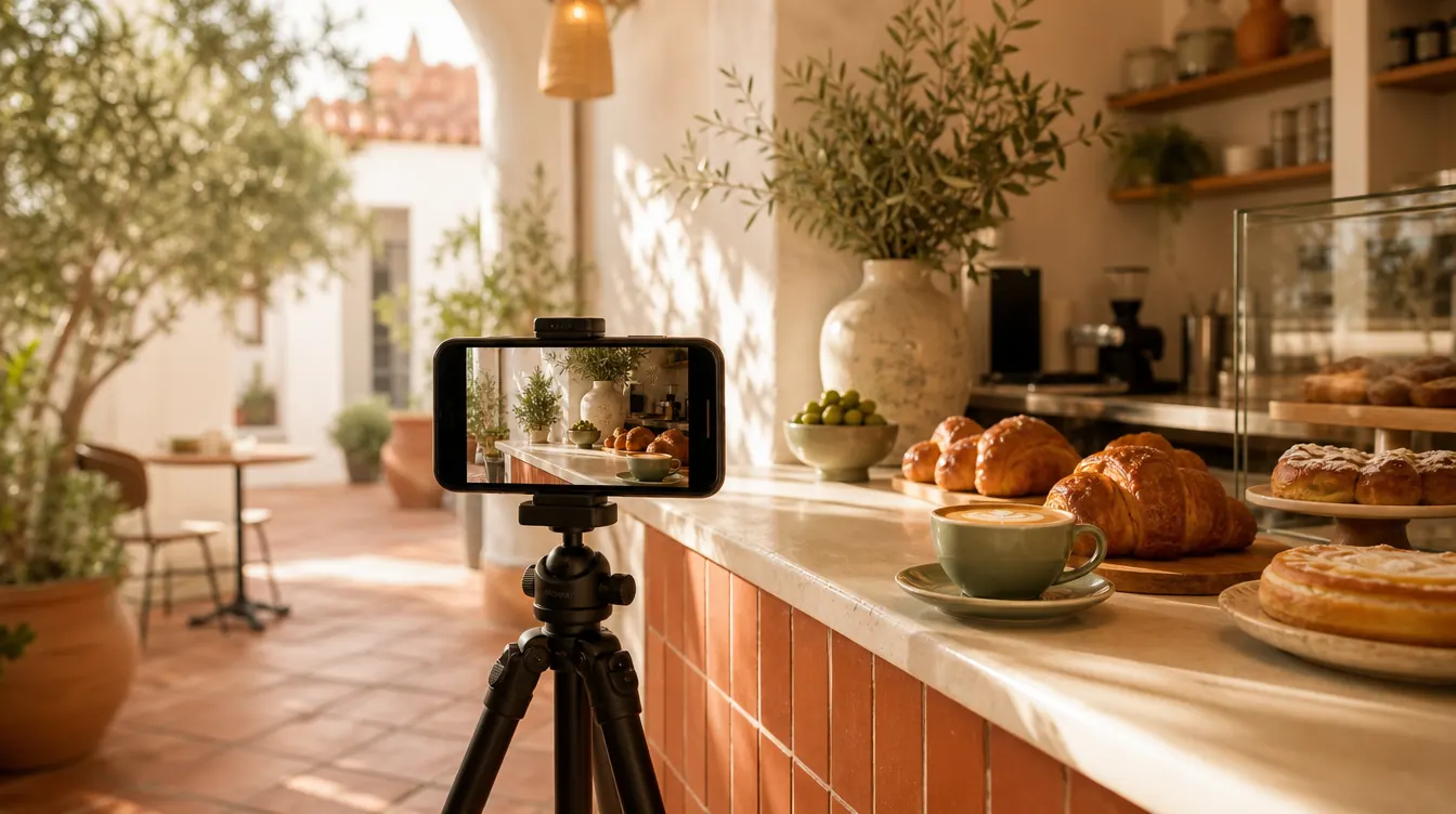 A phone filming a sunlit café counter